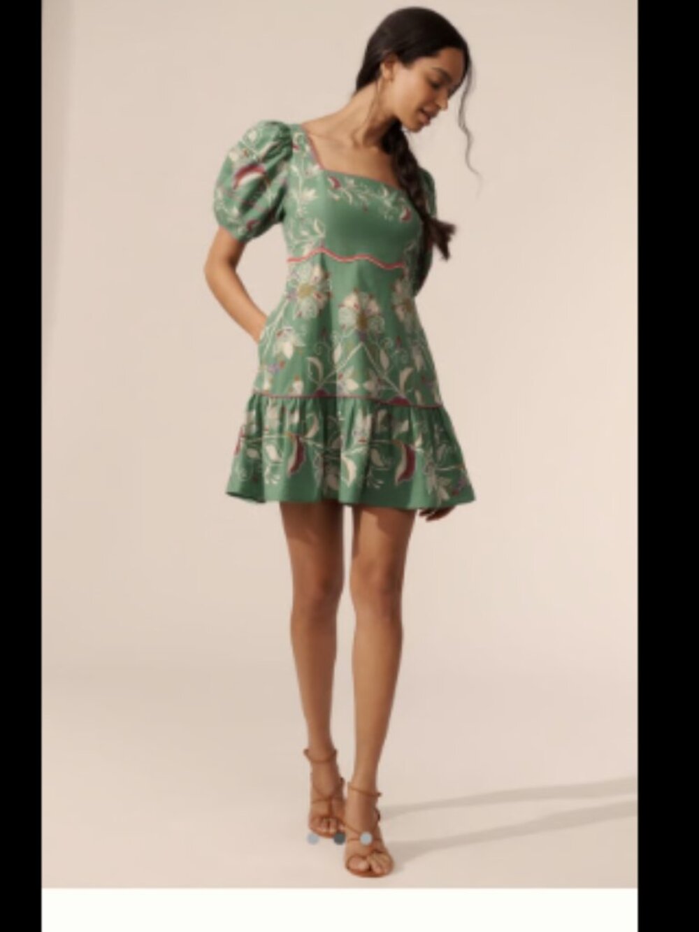 Farm Rio x Anthropologie Puff-Sleeve Linen Blend Green Mini Dress Size XXS NWT